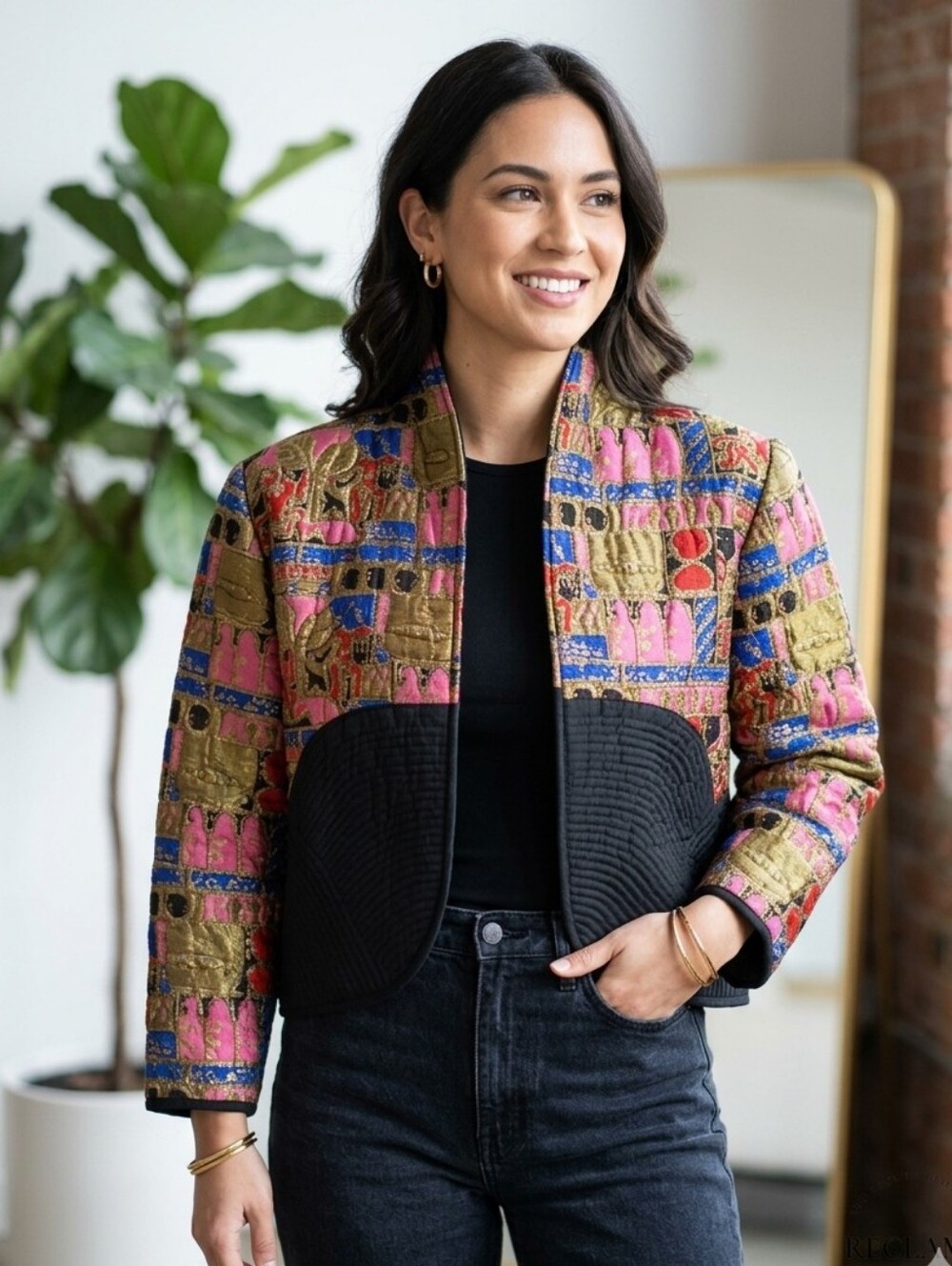 Women's Multicolor Quilted Cropped Jacket - Made in Thailand 100% Silk